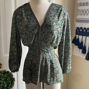 Max Studio Green Boho, Cottagecore Floral Blouse